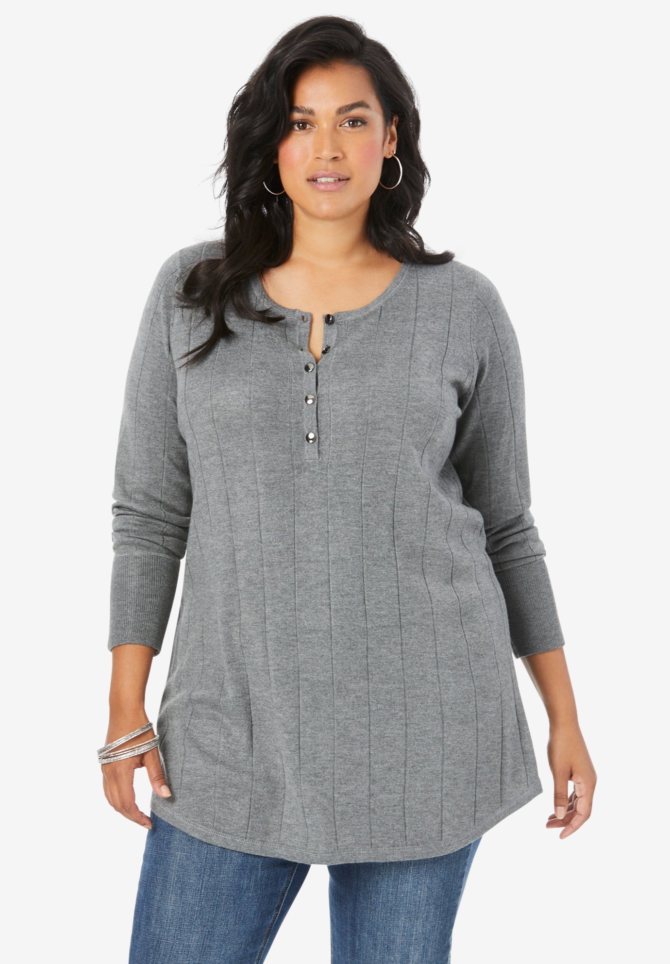 Fine Gauge Drop Needle Henley Sweater | Fullbeauty Outlet