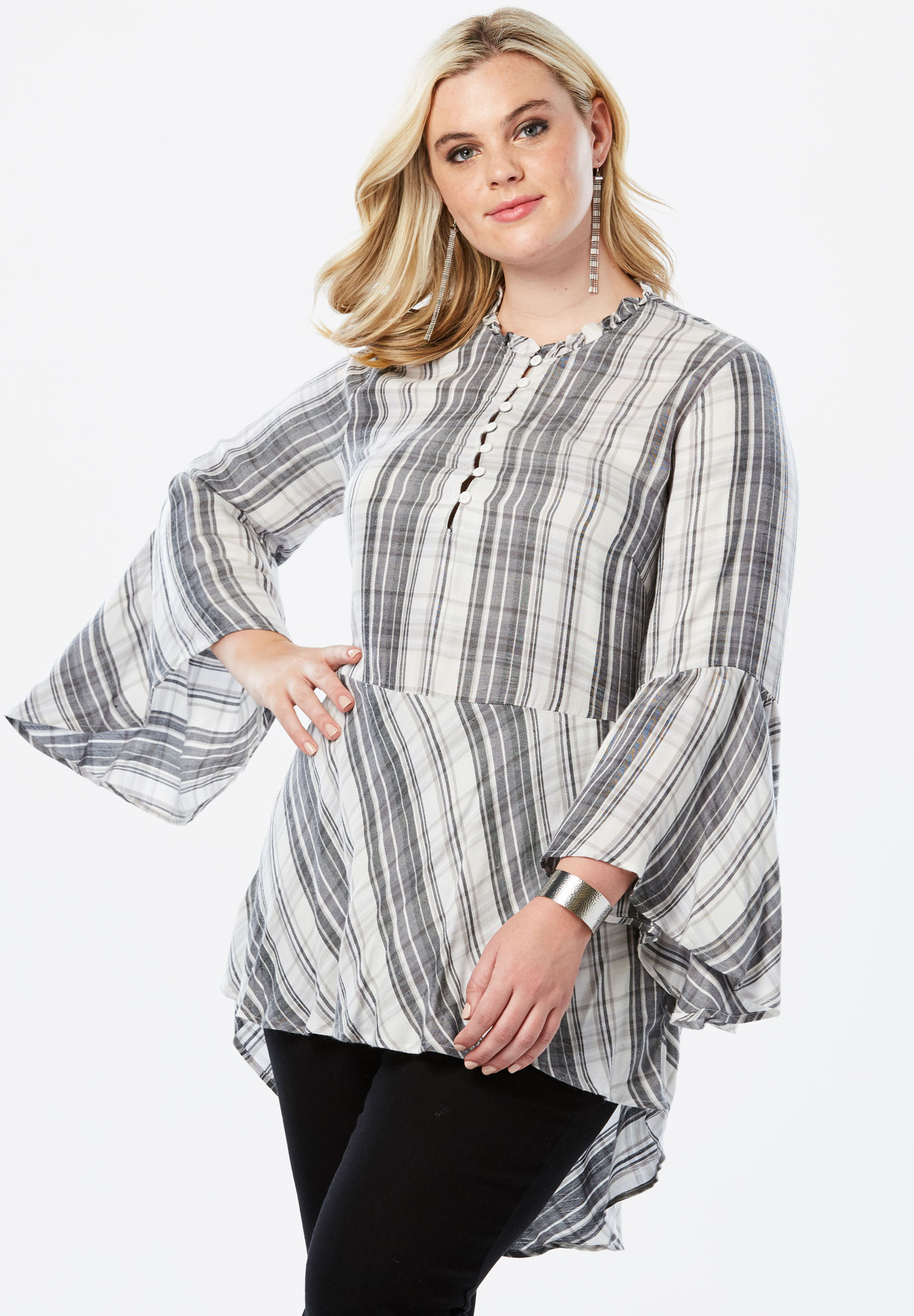 Ruffle Plaid Tunic with Bell Sleeves | Fullbeauty Outlet