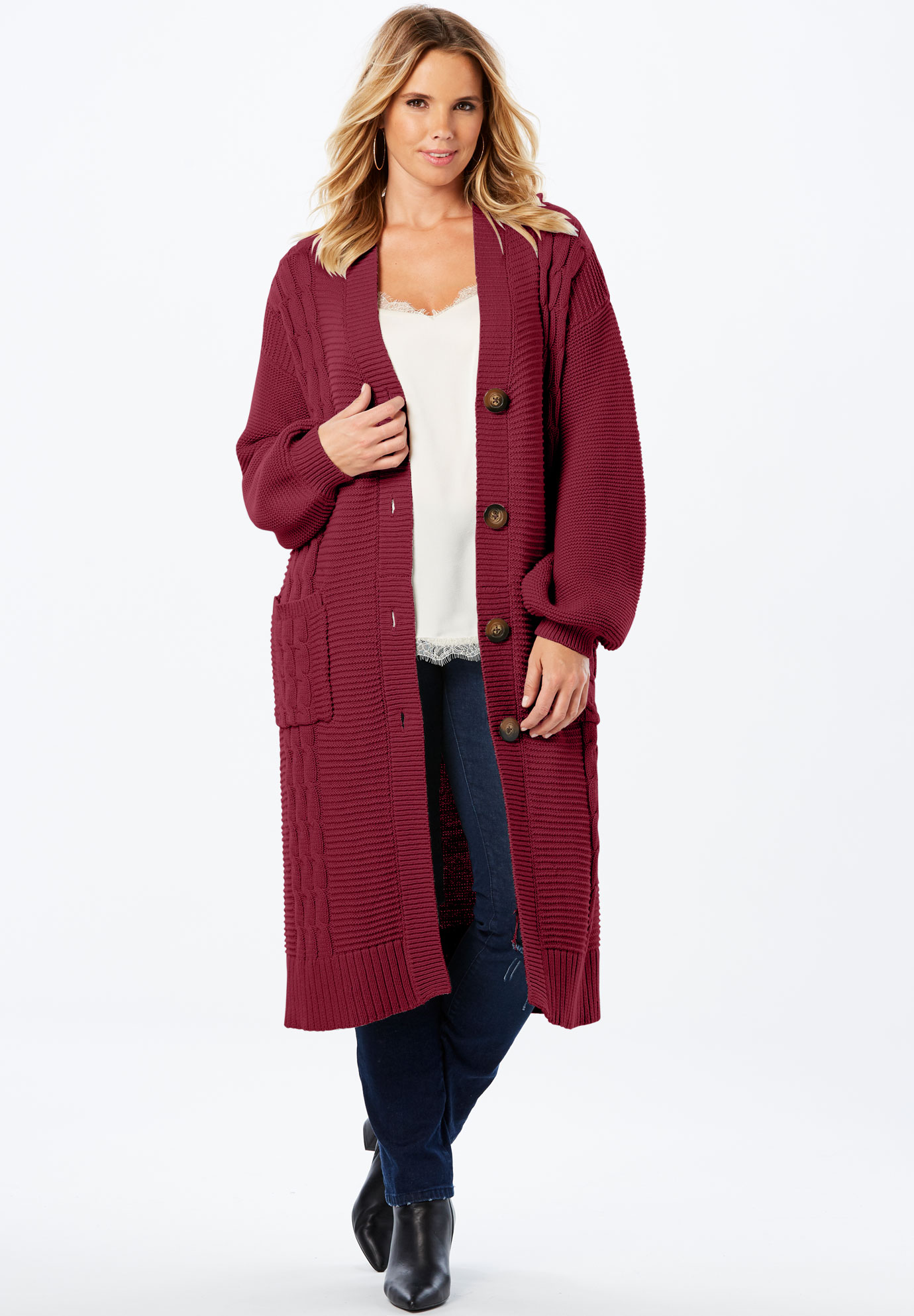 Cable Knit Long Cardigan with Blouson Sleeves Plus Size Cardigans