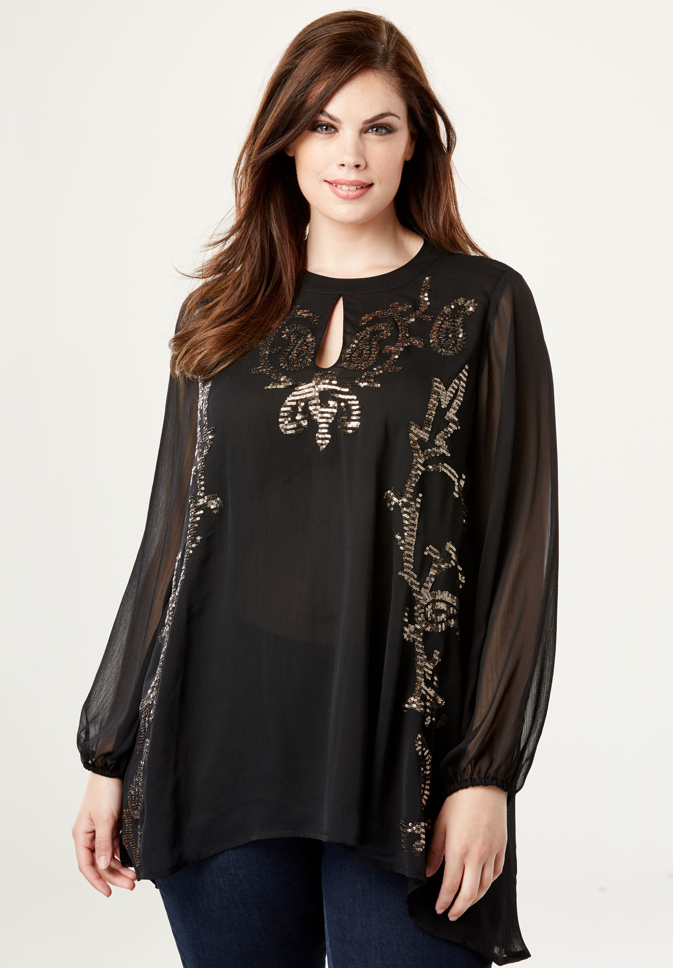 Embellished Keyhole Tunic with Sequins | Fullbeauty Outlet