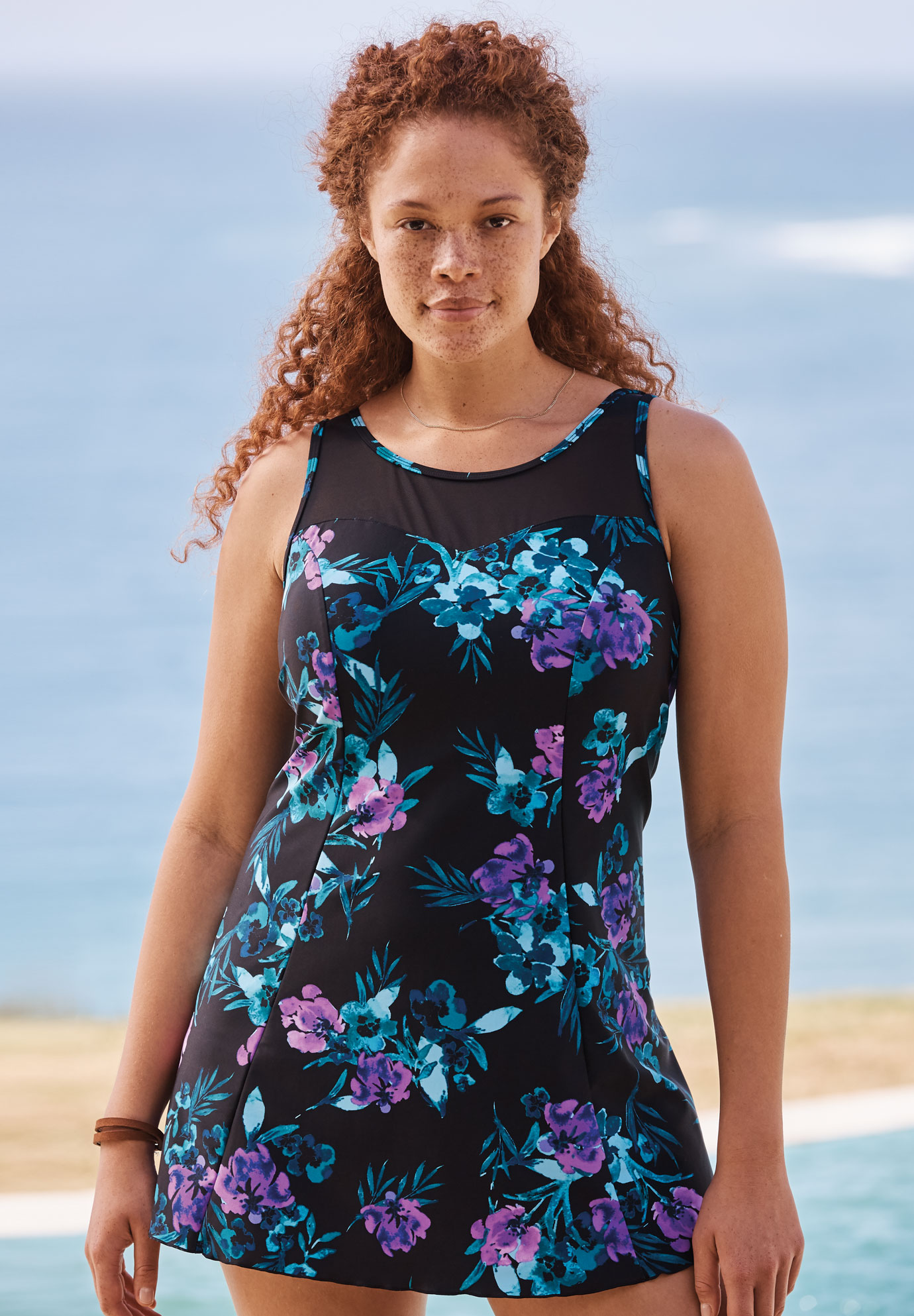 Mesh Trim Swimdress With Tummy Control Plus Size Active And Swimwear