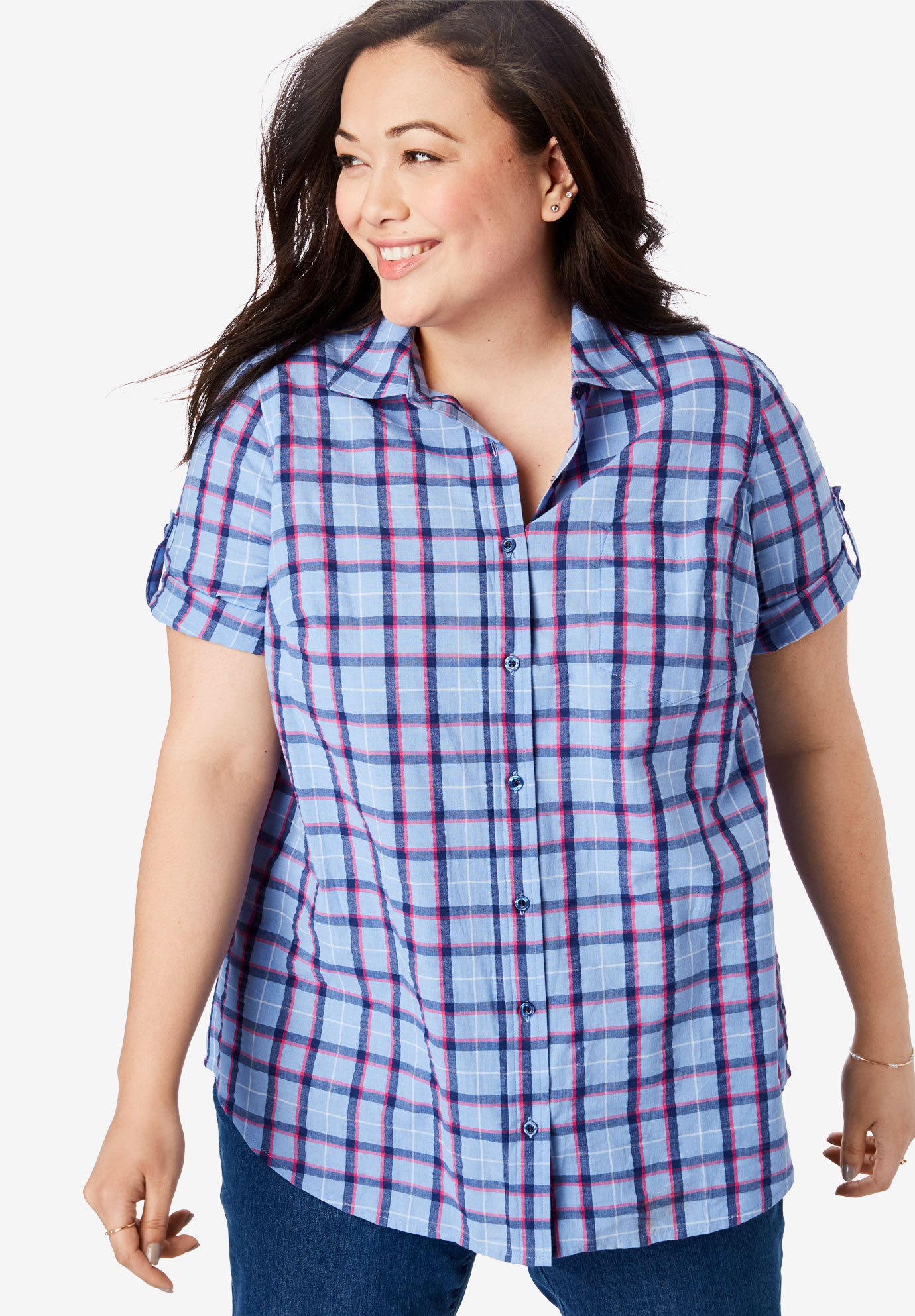 Short Sleeve Button Down Seersucker Shirt| Plus Size Shirts & Blouses ...