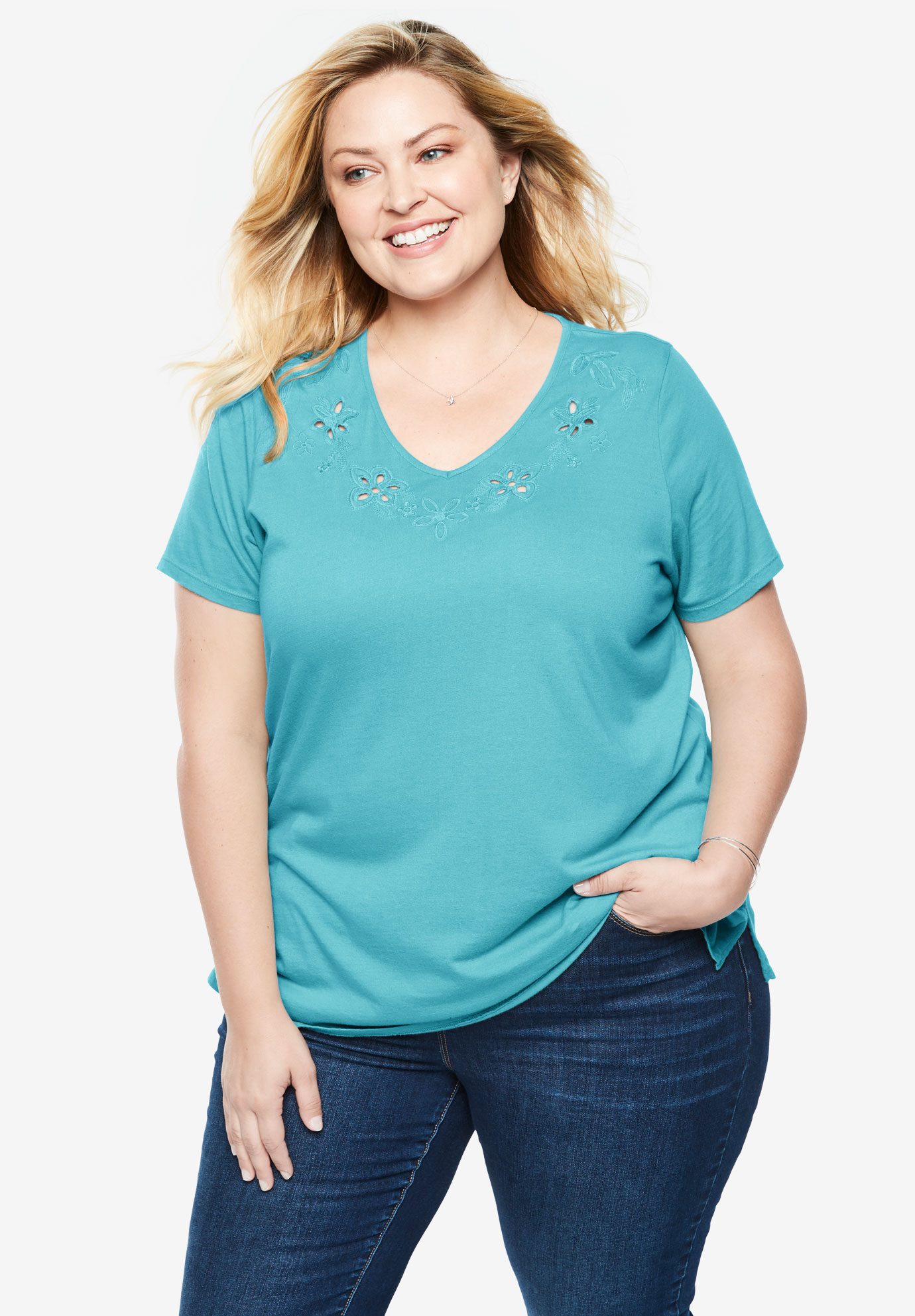 Embroidered V-Neck Cutout Tee | Fullbeauty