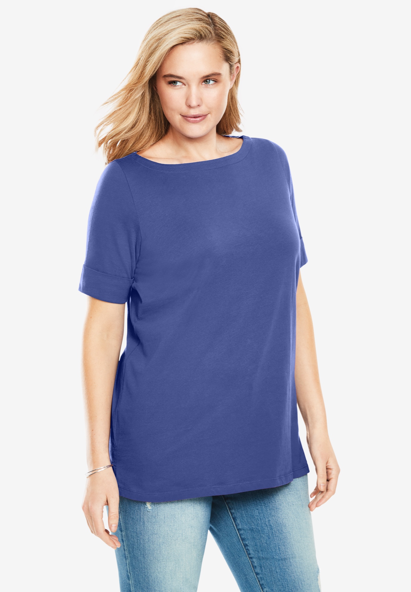 Perfect Cuffed Elbow-Sleeve Boat-Neck Tee | Fullbeauty Outlet