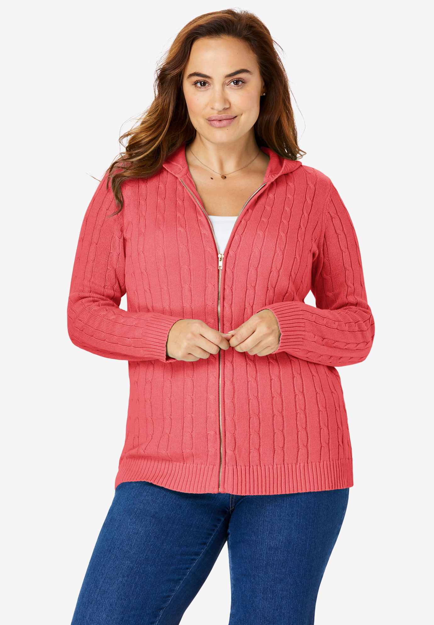 Hooded Cable Knit Zip-Front Cardigan| Plus Size Sweaters & Cardigans | Fullbeauty