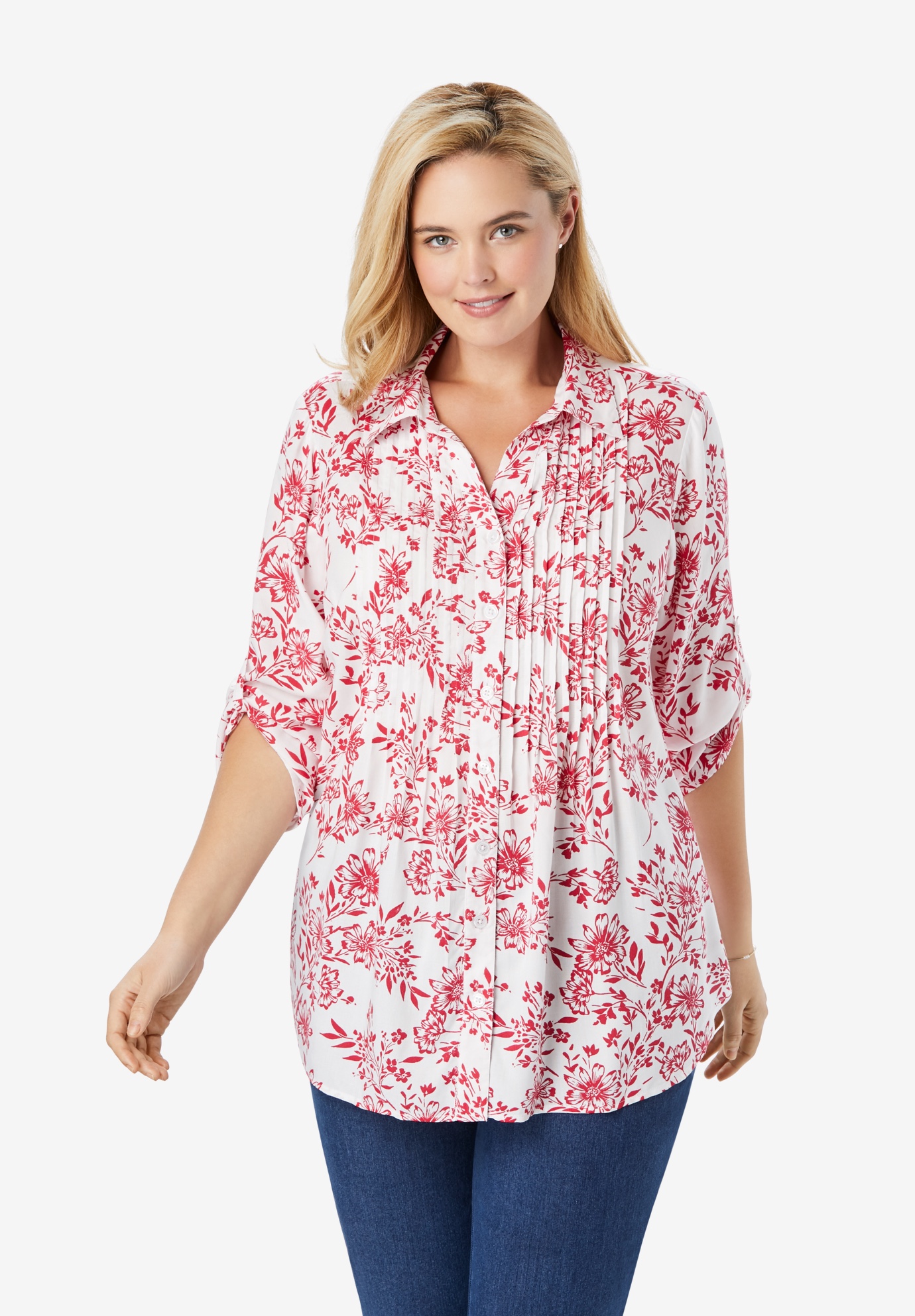 Pintucked Print Tunic Shirt| Plus Size 3/4 Sleeve | Fullbeauty