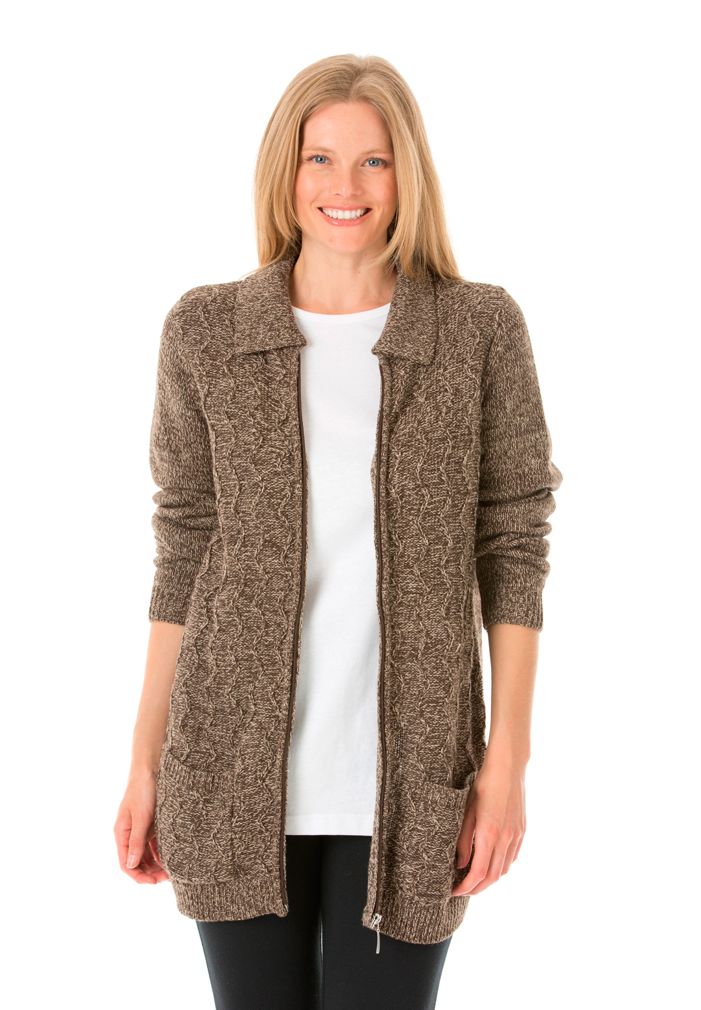 Marled ZipFront Cable Knit Cardigan Plus Size Sweaters & Cardigans