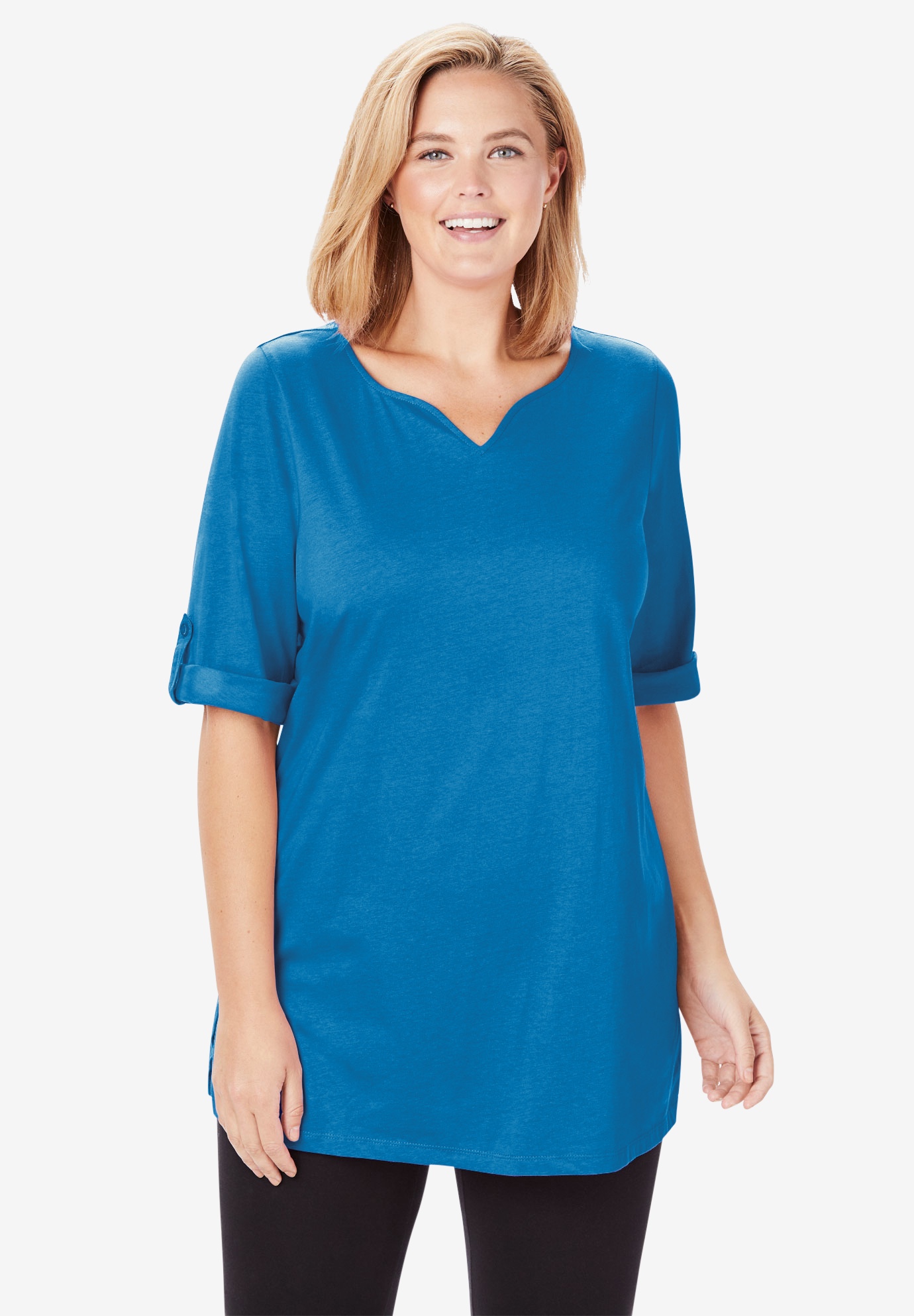 Perfect Rolled-Sleeve Notch Neck Tunic| Plus Size 30 Inches Long ...