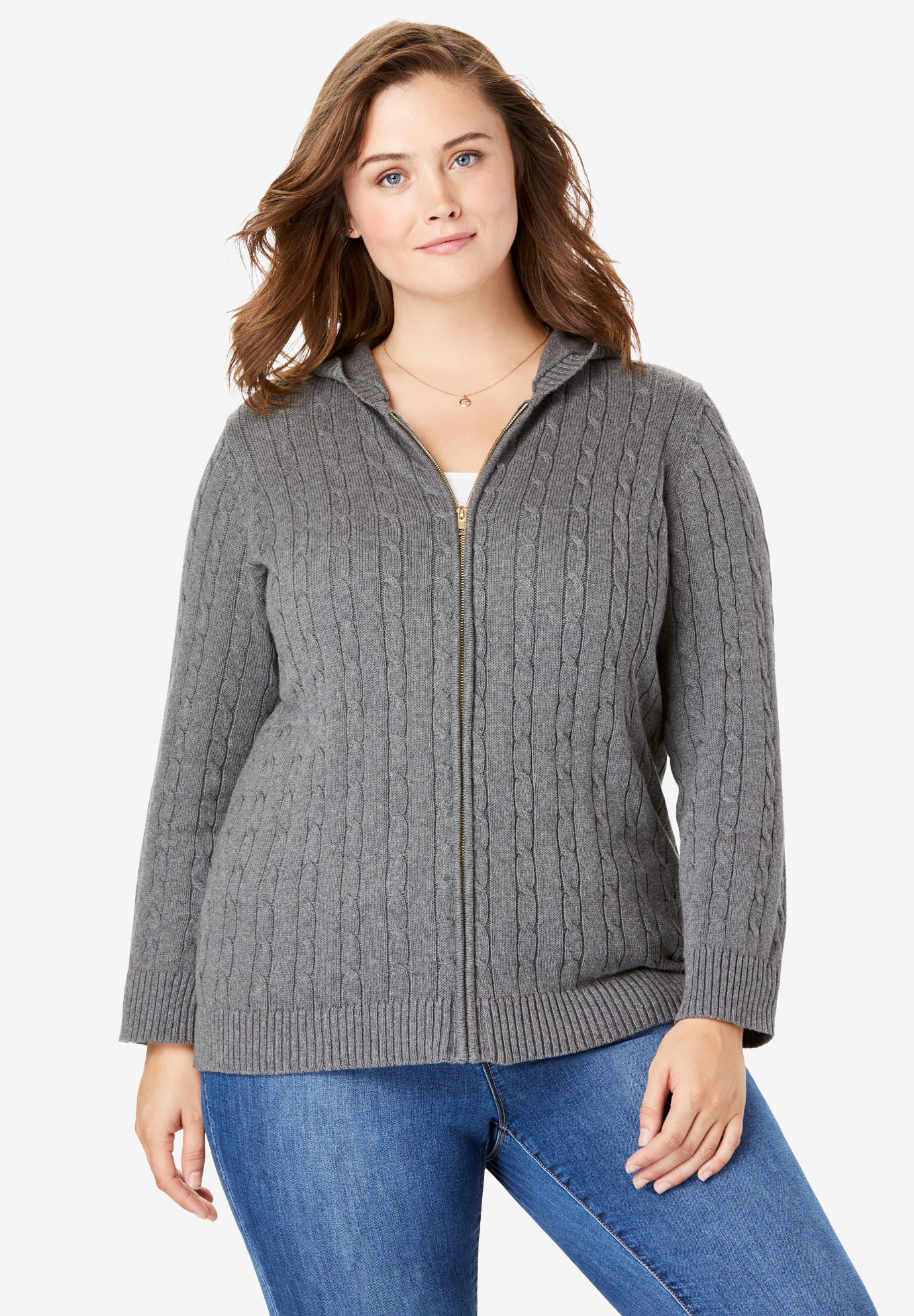 Hooded Cable Knit ZipFront Cardigan Plus SizeSweaters & Cardigans