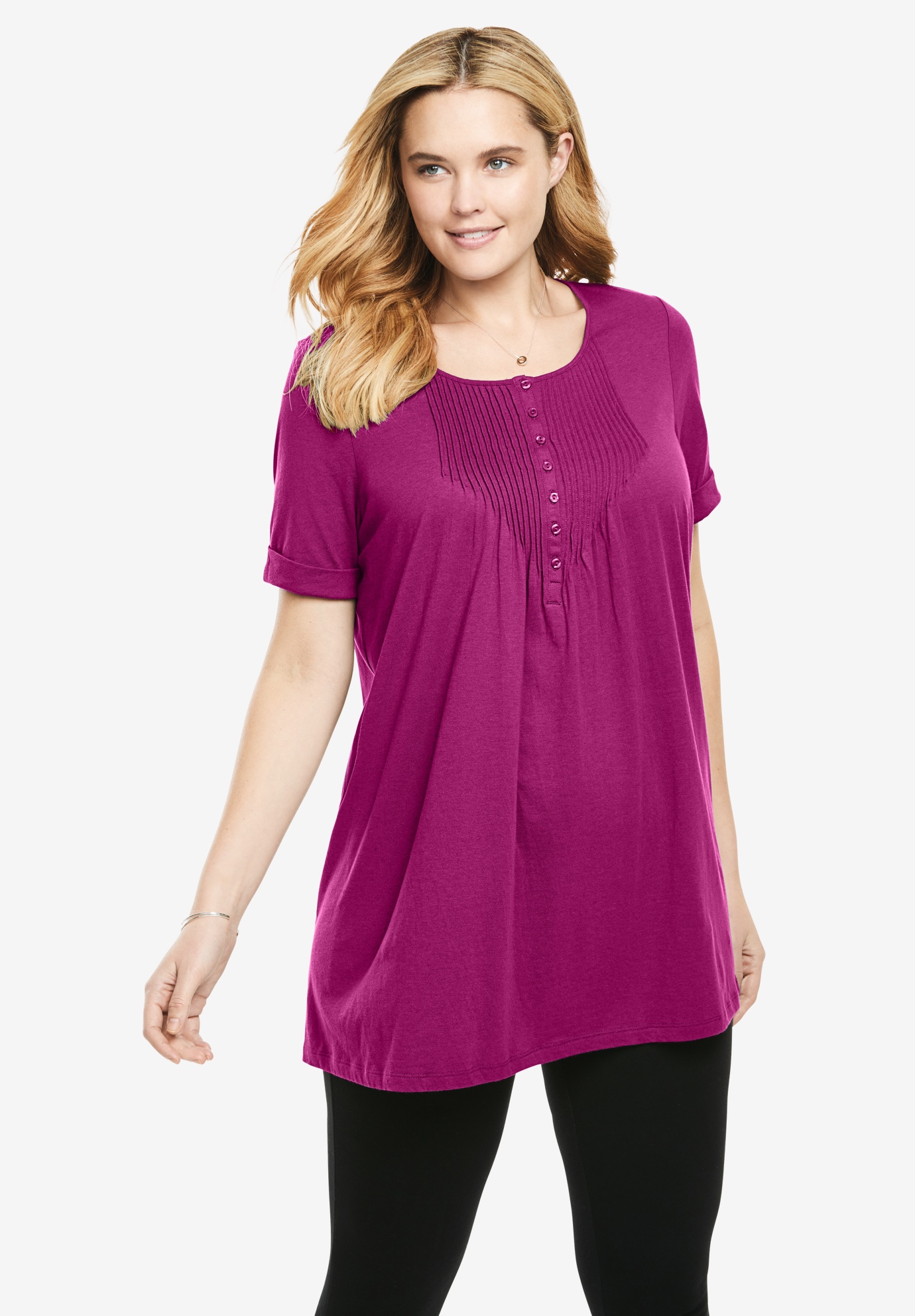Pintucked Henley Tunic| Plus Size 30 Inches Long | Fullbeauty