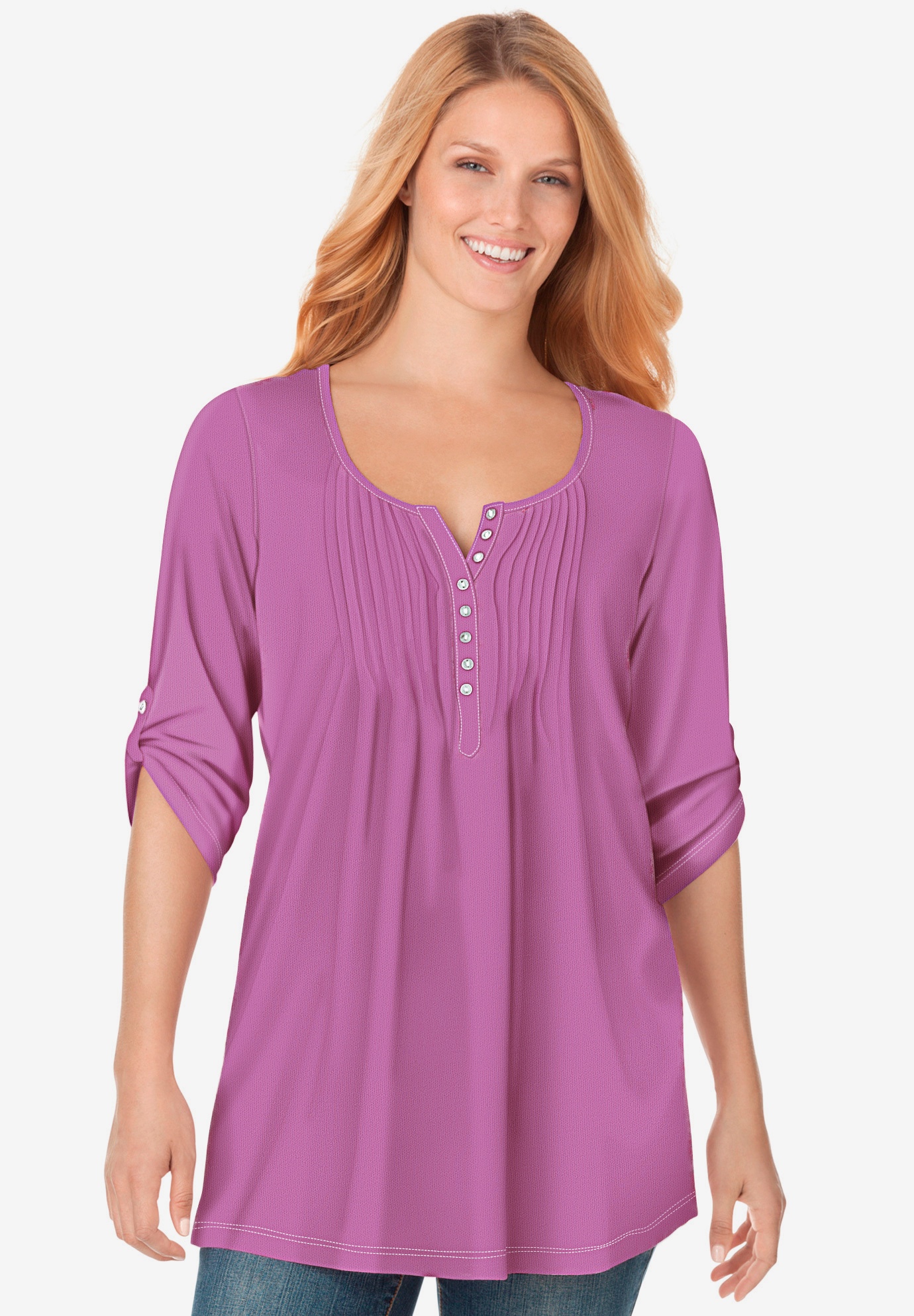 Three-Quarter Sleeve Henley Tunic| Plus Size 30 Inches Long | Fullbeauty