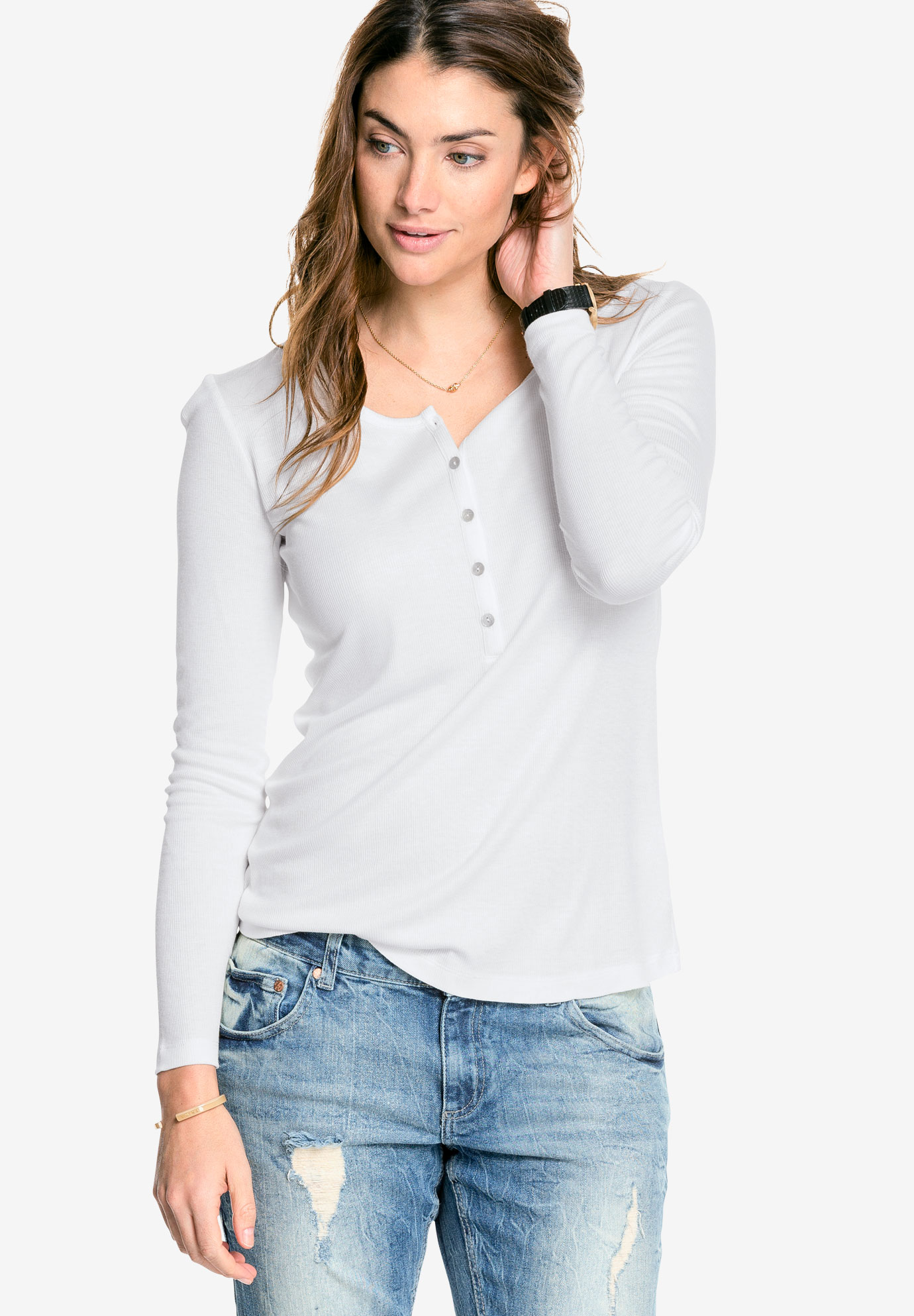 Ribbed Henley Knit Top by ellos® Plus Size Long Sleeve Full Beauty